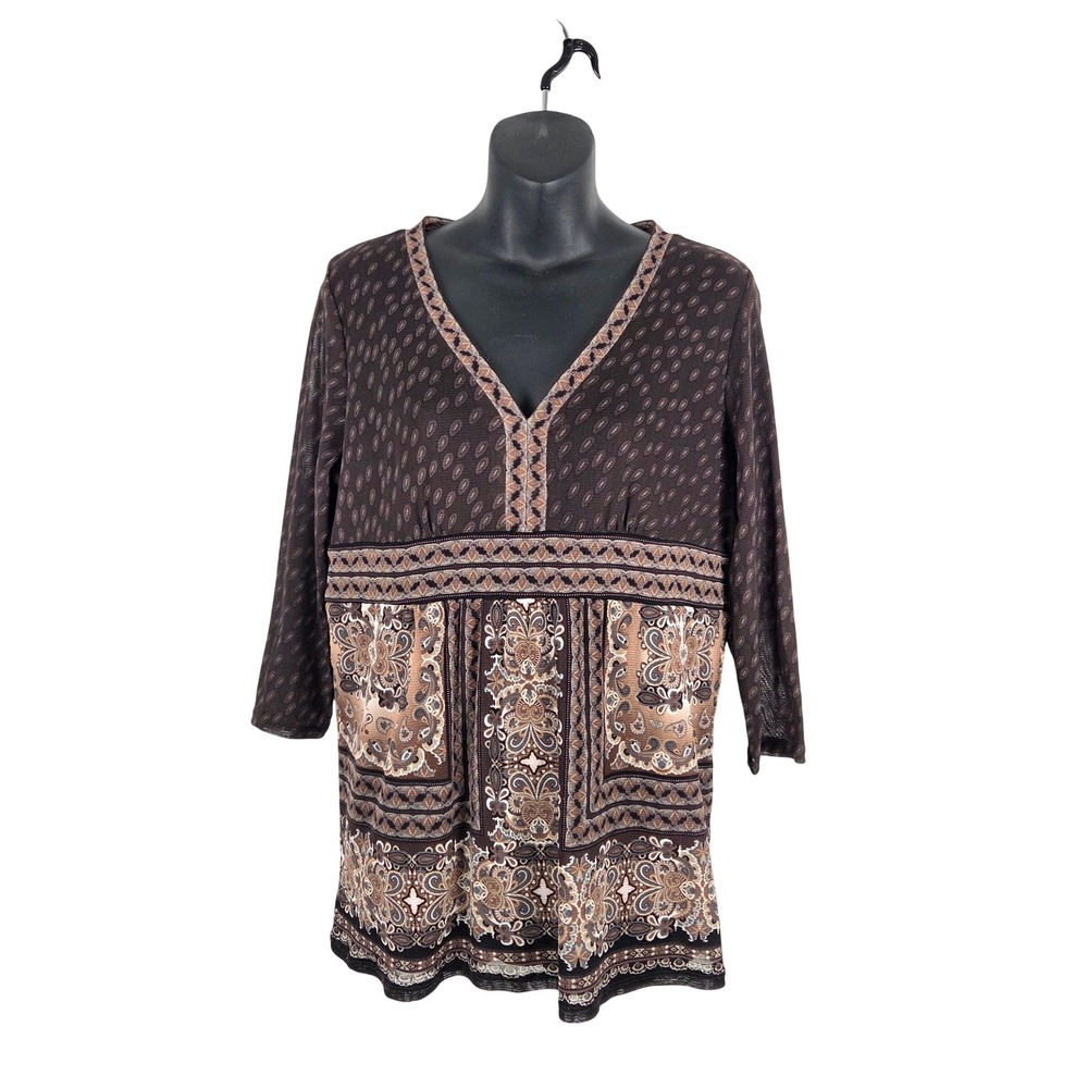 Axcess Brown Paisley Mesh V-Neck‎ 3/4 Sleeve Babydoll Top L Boho Hippie Y2K 90s